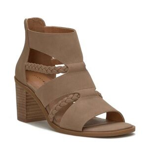 NWOB Lucky Brand Tulina Strappy Caged Stacked Heel Taupe Sandals Size 8.5M